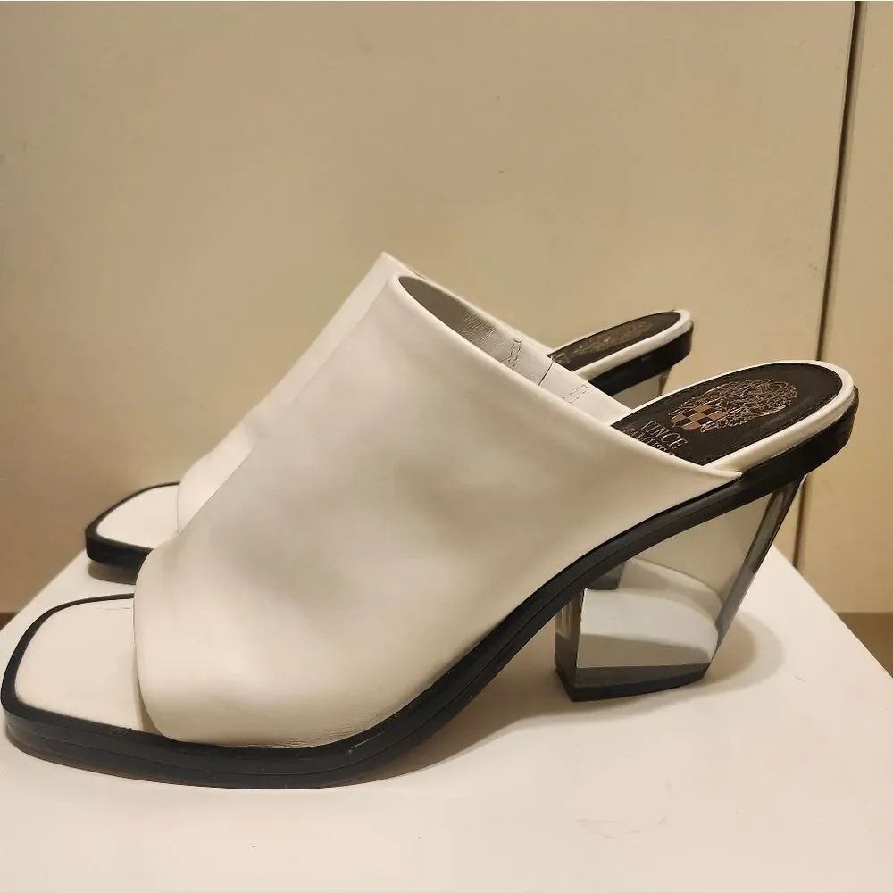 Brand NEW Vince Camuto "Sempelan" Wwhite Leather Plexi Heel Slide Sandals Sz.10